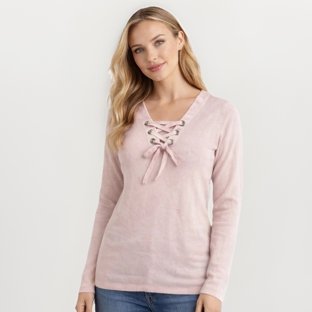 Michael Kors Grommet‎ Lace-Up Bow Neck Top XL Pink Fitted Y2K Rib Knit Thermal
